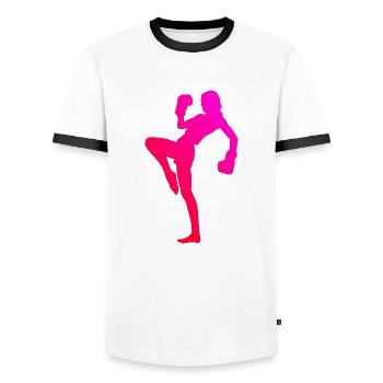 Men's Kickboxing Kickboxer Boxing Boxing Kickboxing - Men's Ringer Shirt - white/black - Front - AI Model Female 172 light (172cm) & AI Model Male 178 dark (178cm)