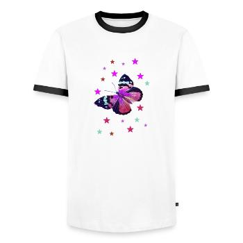 butterfly, stars, pink, blue, butterfly - Men's Ringer Shirt - white/black - Front - AI Model Female 172 light (172cm) & AI Model Male 178 dark (178cm)