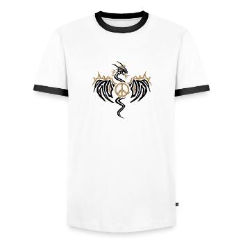 Peace Dragon - Drache mit Friedenszeichen - Männer Kontrast-T-Shirt - Weiß/Schwarz - Vorne - AI Model Female 172 light (172cm) & AI Model Male 178 dark (178cm)