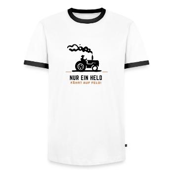Nur ein Held fährt aufs Feld - Männer Kontrast-T-Shirt - Weiß/Schwarz - Vorne - AI Model Female 172 light (172cm) & AI Model Male 178 dark (178cm)