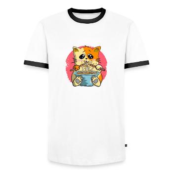 Cat with Ramen Noodle Bowl Anime - Men's Ringer Shirt - white/black - Front - AI Model Female 172 light (172cm) & AI Model Male 178 dark (178cm)