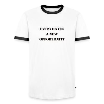 Every day is a new opportunity - Men's Ringer Shirt - white/black - Front - AI Model Female 172 light (172cm) & AI Model Male 178 dark (178cm)