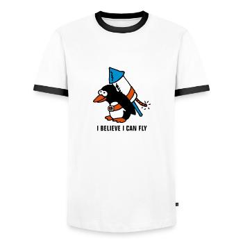rocket_pinguin_white_b_3c - Men's Ringer Shirt - white/black - Front - AI Model Female 172 light (172cm) & AI Model Male 178 dark (178cm)