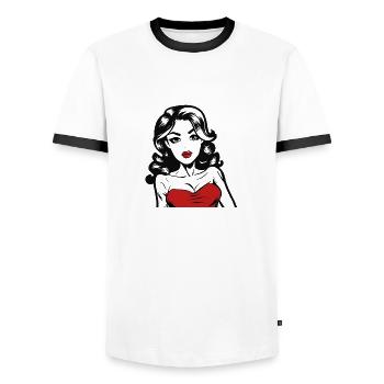 belle femme en rouge - T-shirt contrasté Homme - blanc/noir - Devant - AI Model Female 172 light (172cm) & AI Model Male 178 dark (178cm)