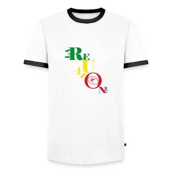 Logo Sitzung METIS 04 v2 - Männer Kontrast-T-Shirt - Weiß/Schwarz - Vorne - AI Model Female 172 light (172cm) & AI Model Male 178 dark (178cm)