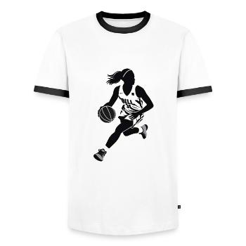 Black and White Basketball Player Illustration - Men's Ringer Shirt - white/black - Front - AI Model Female 172 light (172cm) & AI Model Male 178 dark (178cm)