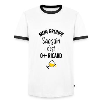 Mon groupe sanguin c'est O+ Pastis - T-shirt contrasté Homme - blanc/noir - Devant - AI Model Female 172 light (172cm) & AI Model Male 178 dark (178cm)