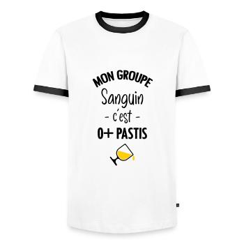 Mon groupe sanguin c'est O+ Pastis - T-shirt contrasté Homme - blanc/noir - Devant - AI Model Female 172 light (172cm) & AI Model Male 178 dark (178cm)