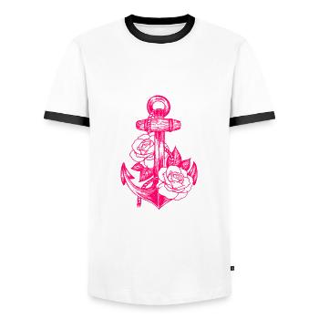 Anchors and roses (pink) - Men's Ringer Shirt - white/black - Front - AI Model Female 172 light (172cm) & AI Model Male 178 dark (178cm)