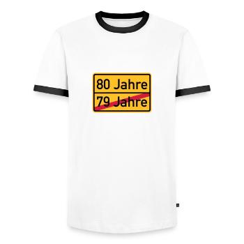 80. Geburtstag - Männer Kontrast-T-Shirt - Weiß/Schwarz - Vorne - AI Model Female 172 light (172cm) & AI Model Male 178 dark (178cm)