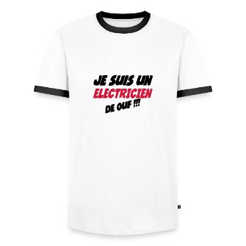 Je suis un électricien de ouf !!! 222 - T-shirt contrasté Homme - blanc/noir - Devant - AI Model Female 172 light (172cm) & AI Model Male 178 dark (178cm)