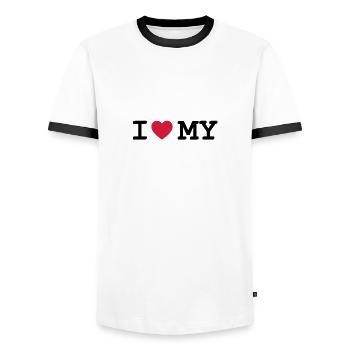i love my - Men's Ringer Shirt - white/black - Front - AI Model Female 172 light (172cm) & AI Model Male 178 dark (178cm)