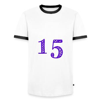 15 YEARS. 15th ANNIVERSARY. BIRTHDAY 15 YEARS. 15 - Men's Ringer Shirt - white/black - Front - AI Model Female 172 light (172cm) & AI Model Male 178 dark (178cm)