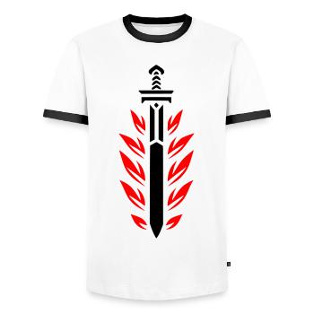 Flammenschwert - Männer Kontrast-T-Shirt - Weiß/Schwarz - Vorne - AI Model Female 172 light (172cm) & AI Model Male 178 dark (178cm)