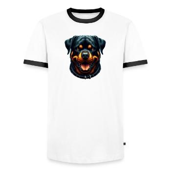 Ein friedlicher Rottweiler - Männer Kontrast-T-Shirt - Weiß/Schwarz - Vorne - AI Model Female 172 light (172cm) & AI Model Male 178 dark (178cm)