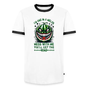 Ich bin eins in einer Melone. Leg dich mit mir an, Summerween - Männer Kontrast-T-Shirt - Weiß/Schwarz - Vorne - AI Model Female 172 light (172cm) & AI Model Male 178 dark (178cm)