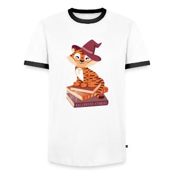 Tiger on Halloween Book Stack - Men's Ringer Shirt - white/black - Front - AI Model Female 172 light (172cm) & AI Model Male 178 dark (178cm)