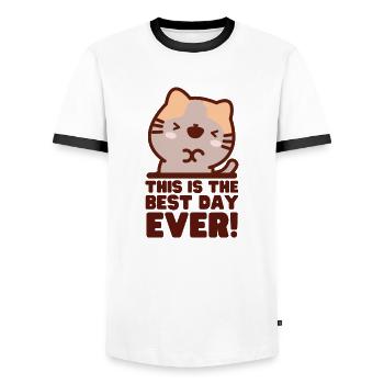 This is The Best Day Ever Cute Kawaii Cat - Men's Ringer Shirt - white/black - Front - AI Model Female 172 light (172cm) & AI Model Male 178 dark (178cm)