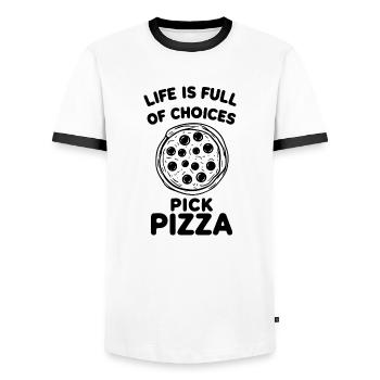 Life is Full of Choices Pick Pizza - Men's Ringer Shirt - white/black - Front - AI Model Female 172 light (172cm) & AI Model Male 178 dark (178cm)
