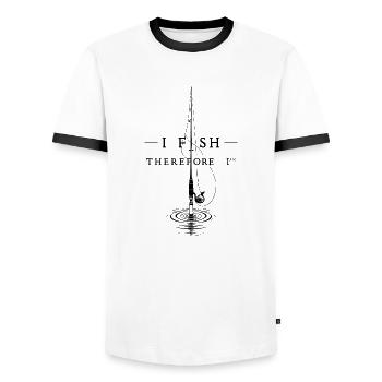Elegant Minimalist Fishing Rod & Philosophy Tee - Men's Ringer Shirt - white/black - Front - AI Model Female 172 light (172cm) & AI Model Male 178 dark (178cm)