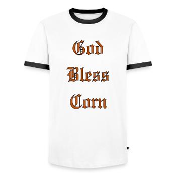 GodBlessCorn - Men's Ringer Shirt - white/black - Front - AI Model Female 172 light (172cm) & AI Model Male 178 dark (178cm)