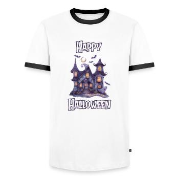 Halloween – Happy Halloween gruseliges Geisterhaus - Männer Kontrast-T-Shirt - Weiß/Schwarz - Vorne - AI Model Female 172 light (172cm) & AI Model Male 178 dark (178cm)