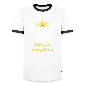 “Keep Calm and Delegate Everything” - Gestion zen - T-shirt contrasté Homme - blanc/noir - Devant - AI Model Female 172 light (172cm) & AI Model Male 178 dark (178cm)