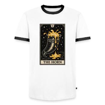 The Horn – Mead Tarot Drinking Ritual Card - Men's Ringer Shirt - white/black - Front - AI Model Female 172 light (172cm) & AI Model Male 178 dark (178cm)