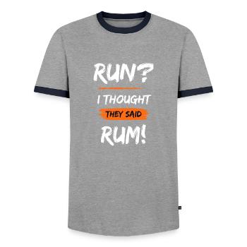 Run? I thought they said Rum! - Men's Ringer Shirt - grey/navy  - Front - AI Model Female 172 light (172cm) & AI Model Male 178 light (178cm)