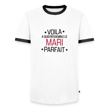 Marriage Wedding Husband Mari Love Mariage Ehemann - Men's Ringer Shirt - white/black - Front - AI Model Female 172 light (172cm) & AI Model Male 178 dark (178cm)