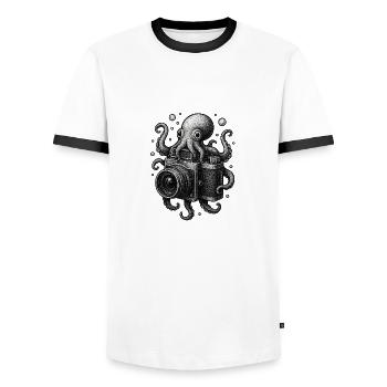 Octopus Camera - Men's Ringer Shirt - white/black - Front - AI Model Female 172 light (172cm) & AI Model Male 178 dark (178cm)