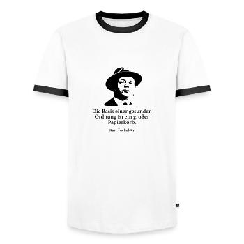 Tucholsky: Die Basis einer gesunden Ordnung ist e - Männer Kontrast-T-Shirt - Weiß/Schwarz - Vorne - AI Model Female 172 light (172cm) & AI Model Male 178 dark (178cm)