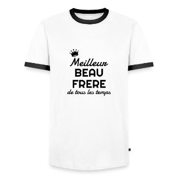 Beau Frère / Frere / Beau-Frère / Mariage / Marié - T-shirt contrasté Homme - blanc/noir - Devant - AI Model Female 172 light (172cm) & AI Model Male 178 dark (178cm)