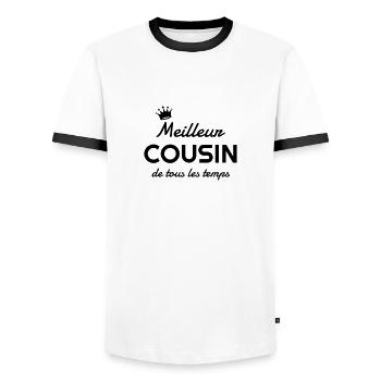 Cousin - Cousine - Famille - Bébé - Naissance - T-shirt contrasté Homme - blanc/noir - Devant - AI Model Female 172 light (172cm) & AI Model Male 178 dark (178cm)