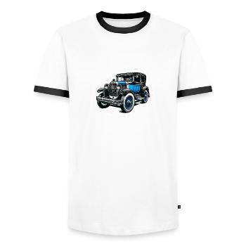 Vieille voiture de collection bleue - T-shirt contrasté Homme - blanc/noir - Devant - AI Model Female 172 light (172cm) & AI Model Male 178 dark (178cm)