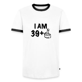 i am 39+ a funny gift for the 40th birthday - Men's Ringer Shirt - white/black - Front - AI Model Female 172 light (172cm) & AI Model Male 178 dark (178cm)