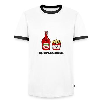 Objectifs de couple frites et ketchup - T-shirt contrasté Homme - blanc/noir - Devant - AI Model Female 172 light (172cm) & AI Model Male 178 dark (178cm)