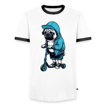 Lustiger Mops auf Roller Comic Cartoon Cool Hund - Männer Kontrast-T-Shirt - Weiß/Schwarz - Vorne - AI Model Female 172 light (172cm) & AI Model Male 178 dark (178cm)
