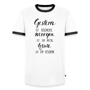 Gestern ist Geschiche... Heute ein Geschenk! - Männer Kontrast-T-Shirt - Weiß/Schwarz - Vorne - AI Model Female 172 light (172cm) & AI Model Male 178 dark (178cm)