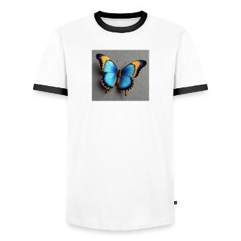 Kobaltblauer Schmetterling mit Orangenkante - Männer Kontrast-T-Shirt - Weiß/Schwarz - Vorne - AI Model Female 172 light (172cm) & AI Model Male 178 dark (178cm)