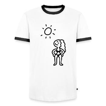 Woman on the beach - line - Men's Ringer Shirt - white/black - Front - AI Model Female 172 light (172cm) & AI Model Male 178 dark (178cm)