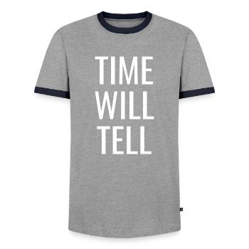 Die Zeit wird es zeigen - Christliche positive Zitate - Männer Kontrast-T-Shirt - Grau/Navy  - Vorne - AI Model Female 172 light (172cm) & AI Model Male 178 light (178cm)