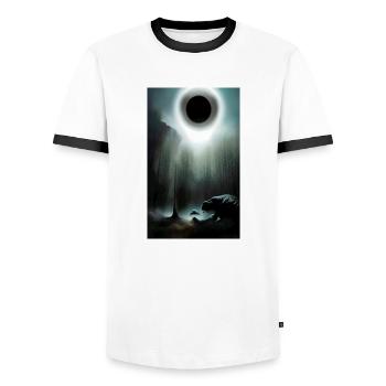 Creepy Horror Comic Alien on a strange planet land - Men's Ringer Shirt - white/black - Front - AI Model Female 172 light (172cm) & AI Model Male 178 dark (178cm)