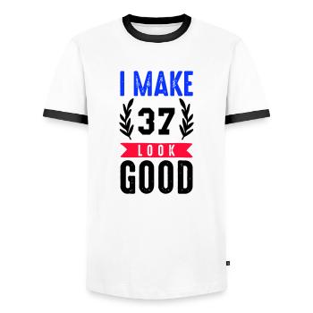 look good 37 - Men's Ringer Shirt - white/black - Front - AI Model Female 172 light (172cm) & AI Model Male 178 dark (178cm)