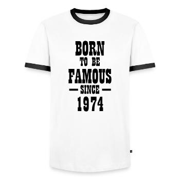 Born to be famous since 1974 - Men's Ringer Shirt - white/black - Front - AI Model Female 172 light (172cm) & AI Model Male 178 dark (178cm)
