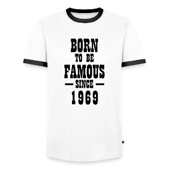 Born to be famous since 1969 - Männer Kontrast-T-Shirt - Weiß/Schwarz - Vorne - AI Model Female 172 light (172cm) & AI Model Male 178 dark (178cm)