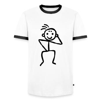 Stick figure touche son oreille - pensivement - T-shirt contrasté Homme - blanc/noir - Devant - AI Model Female 172 light (172cm) & AI Model Male 178 dark (178cm)
