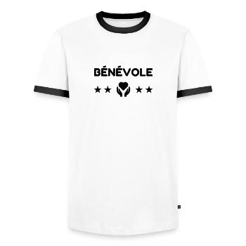 Bénévole / Humanitaire / Solidaire / Aide - T-shirt contrasté Homme - blanc/noir - Devant - AI Model Female 172 light (172cm) & AI Model Male 178 dark (178cm)