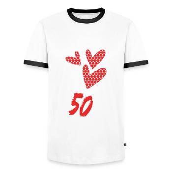 50. 50 YEARS. 50th ANNIVERSARY. BIRTHDAY 50 YEARS. - Men's Ringer Shirt - white/black - Front - AI Model Female 172 light (172cm) & AI Model Male 178 dark (178cm)