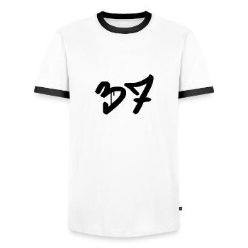 Graffiti : 37 - Männer Kontrast-T-Shirt - Weiß/Schwarz - Vorne - AI Model Female 172 light (172cm) & AI Model Male 178 dark (178cm)